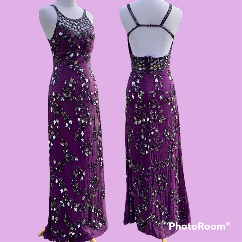 Vintage Fully Beaded 100% Silk Backless Floor Length Formal Maxi Prom Dress SzSm